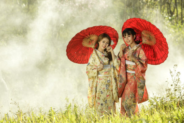 Women wearing traditional Japanese kimono